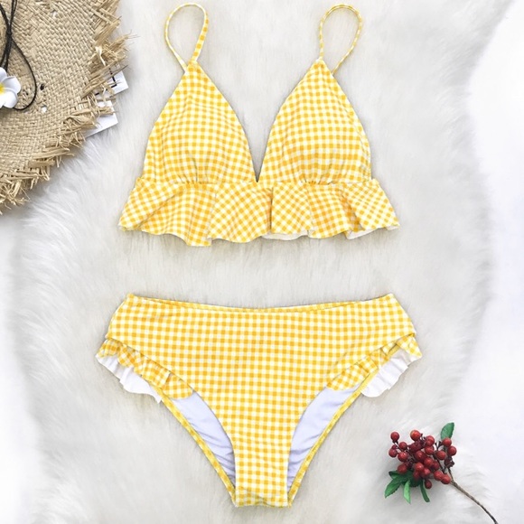 Yellow Gingham Ruffle Two Piece Bikini Swimsuit - Picture 2 of 7